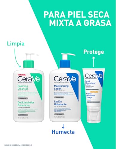 CeraVe Gel Limpiador Espumoso Facial para Piel Mixta a Grasa con Ceramidas Esenciales, Niacinamida y Ácido Hialurónico, 473 ml, 1 Unidad