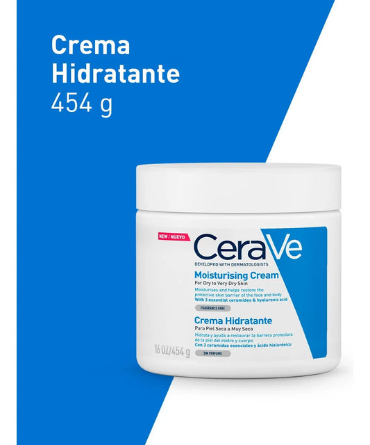 CeraVe Crema Hidratante Piel Seca a muy Seca | Piel Hidratada hasta por 48 Horas | Con 3 Ceramidas Esenciales | Contiene Ácido Hialurónico | Desarrollada con Dermatólogos | 454ml | 16oz