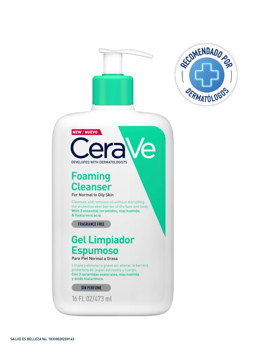 CeraVe Gel Limpiador Espumoso Facial para Piel Mixta a Grasa con Ceramidas Esenciales, Niacinamida y Ácido Hialurónico, 473 ml, 1 Unidad