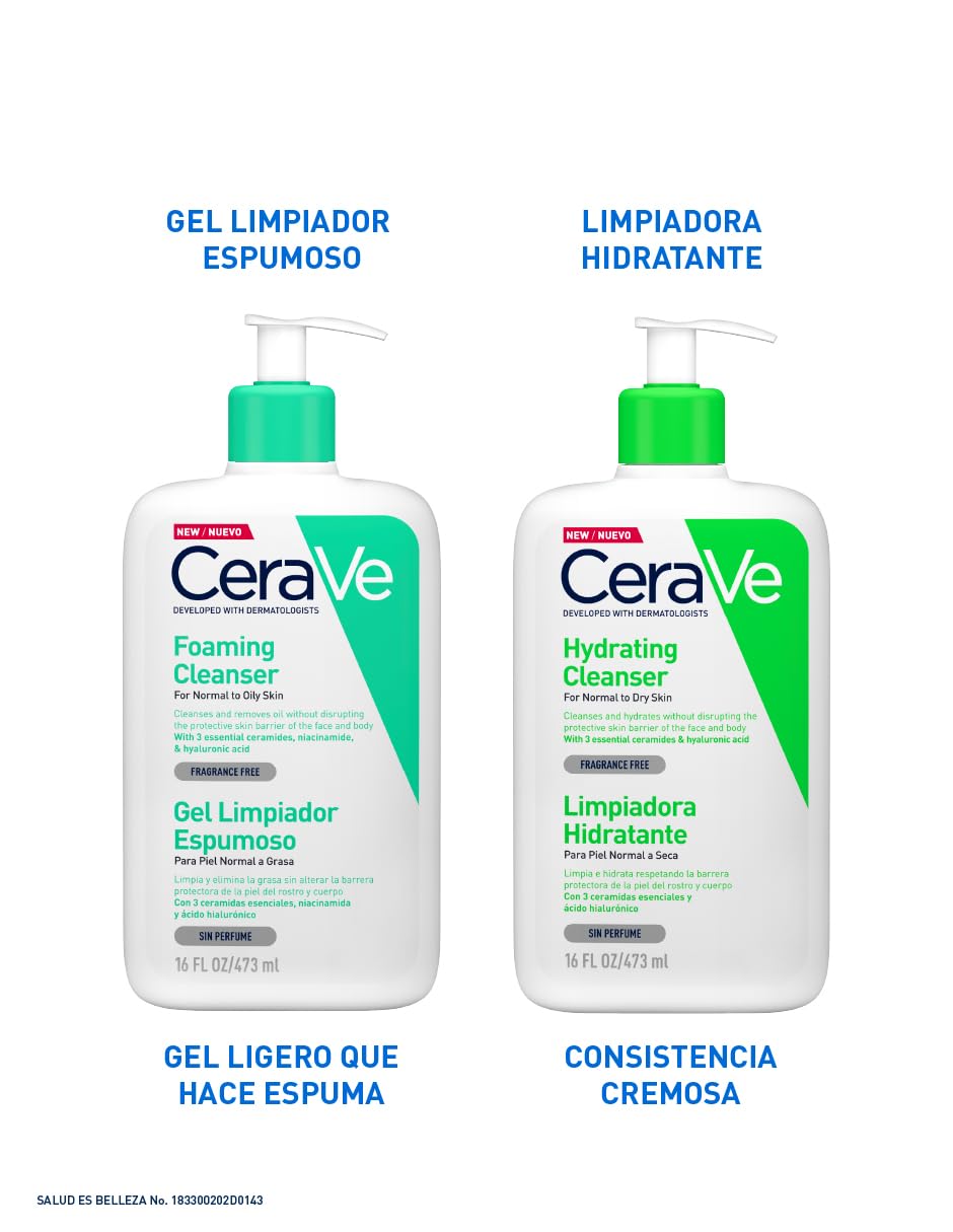 CeraVe Gel Limpiador Espumoso Facial para Piel Mixta a Grasa con Ceramidas Esenciales, Niacinamida y Ácido Hialurónico, 473 ml, 1 Unidad