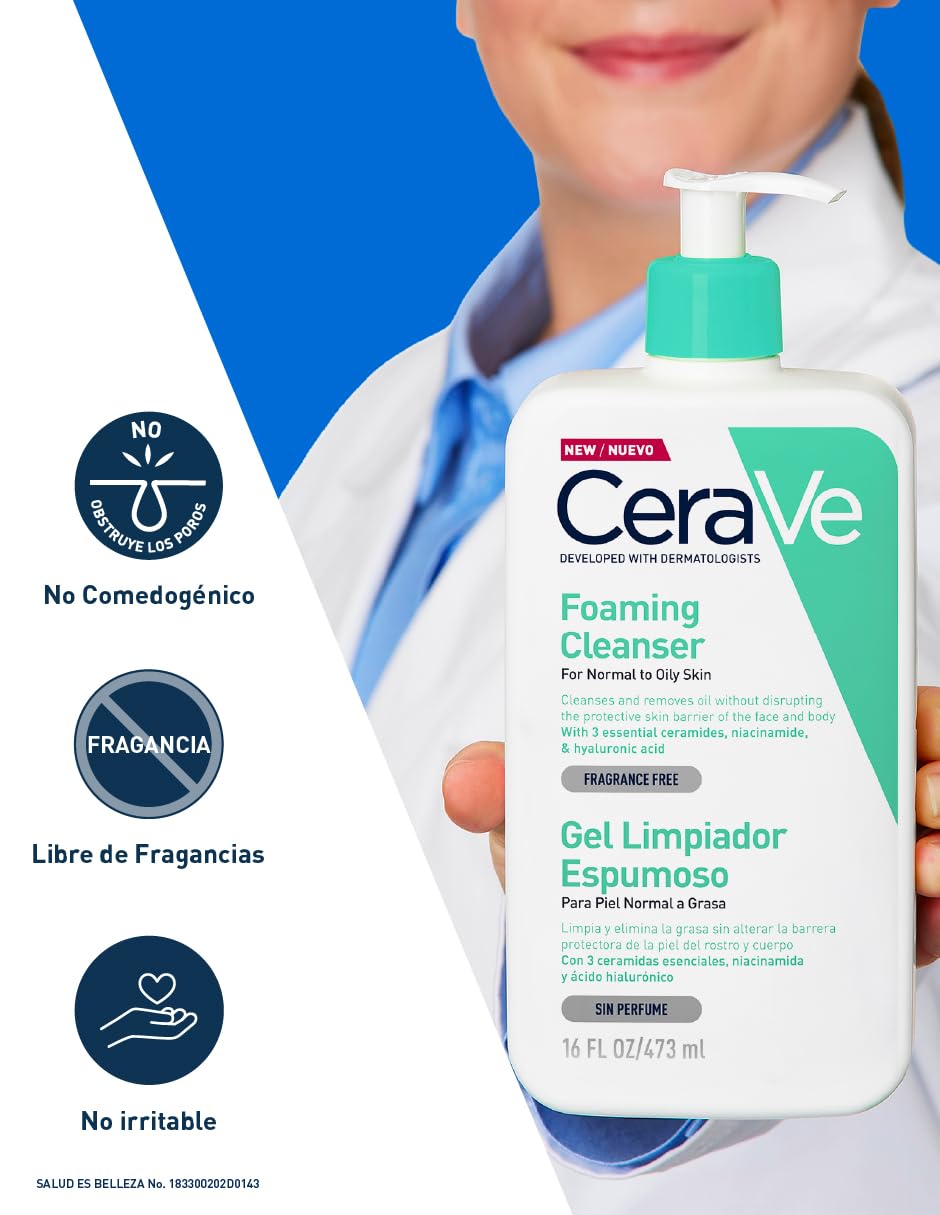 CeraVe Gel Limpiador Espumoso Facial para Piel Mixta a Grasa con Ceramidas Esenciales, Niacinamida y Ácido Hialurónico, 473 ml, 1 Unidad