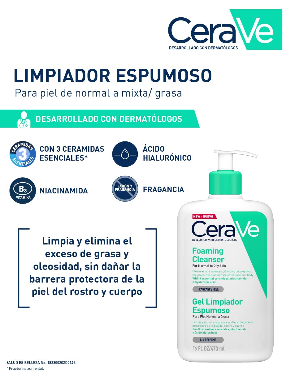 CeraVe Gel Limpiador Espumoso Facial para Piel Mixta a Grasa con Ceramidas Esenciales, Niacinamida y Ácido Hialurónico, 473 ml, 1 Unidad