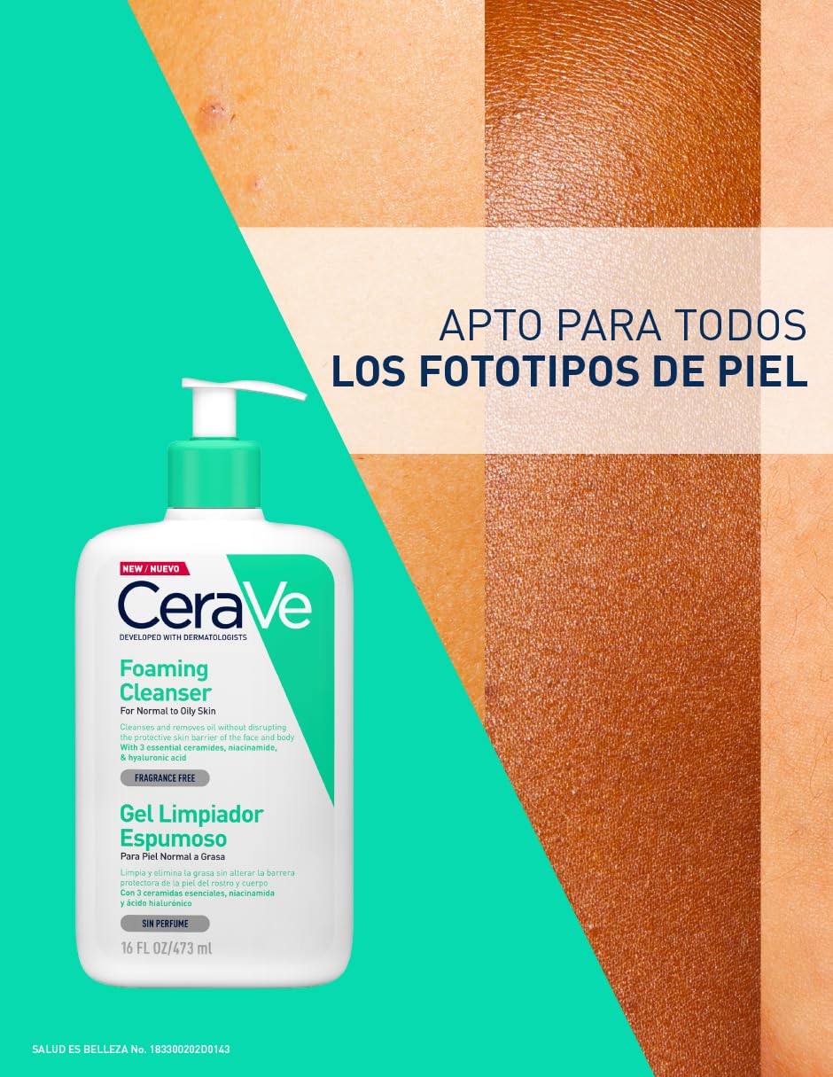 CeraVe Gel Limpiador Espumoso Facial para Piel Mixta a Grasa con Ceramidas Esenciales, Niacinamida y Ácido Hialurónico, 473 ml, 1 Unidad