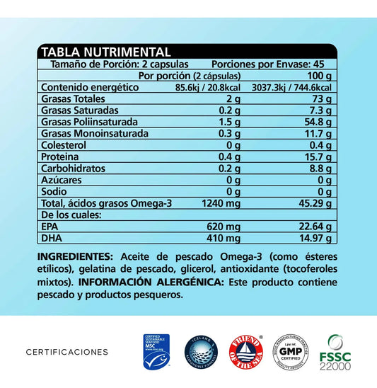 Lysi Omega 3 Forte EPA DHA 1030 mg Cápsulas Aceite Pescado 90 Unidades